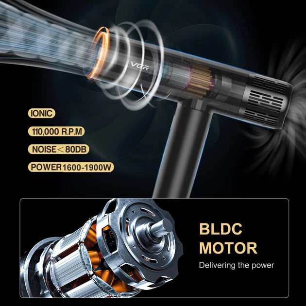 Фен професійний VGR V-640HD, 3 рівні обдування, 4 рівні температури, 110000RPM