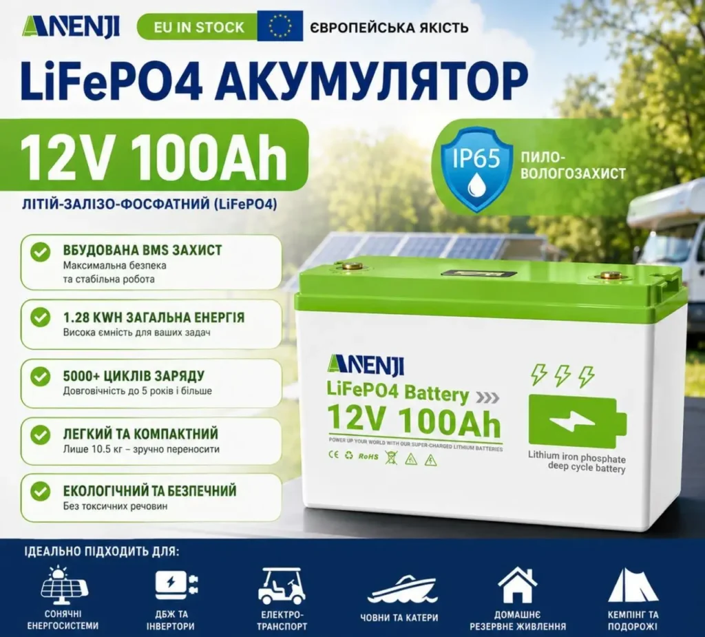 Акумулятор LiFePO4 ANENJI 12V 100Ah з Bluetooth 6000+ циклів