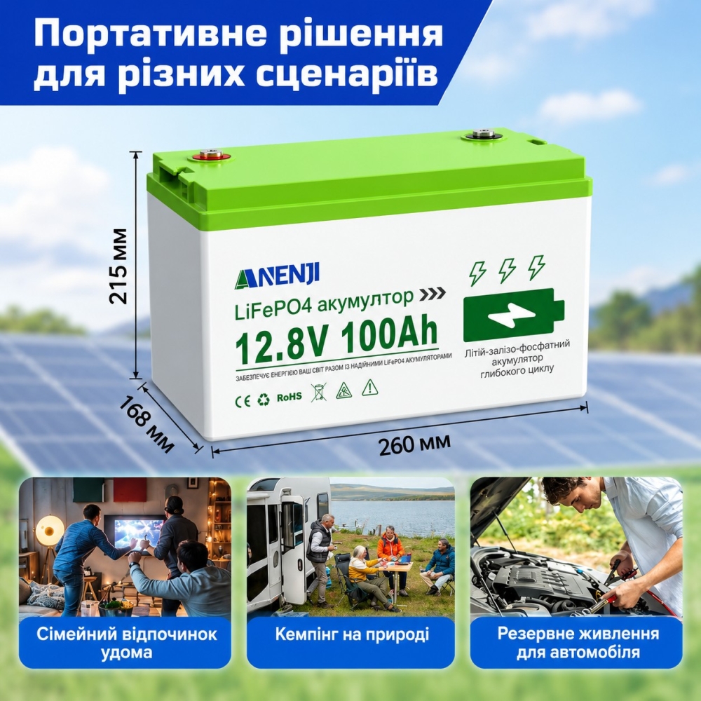 Акумулятор LiFePO4 ANENJI 12V 100Ah з Bluetooth 6000+ циклів