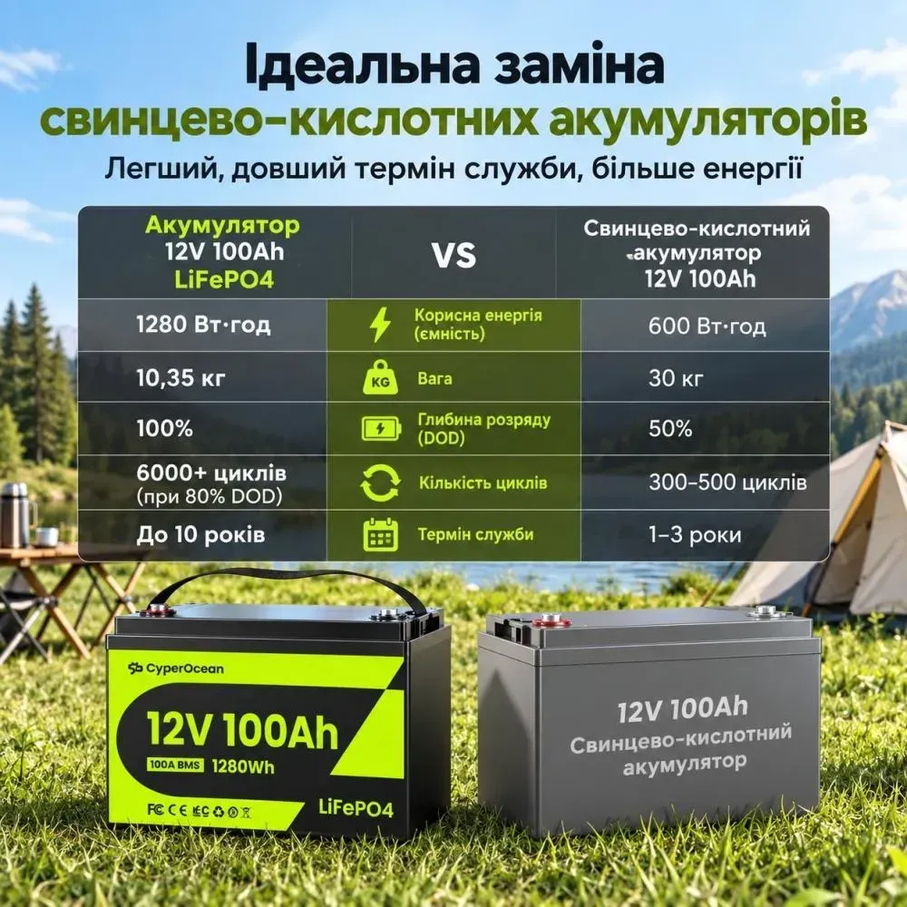 Акумулятор LiFePO4 12V/100Ah CyperOcean з BMS 100 А для систем резервного живлення Акумулятор LiFePO4 12V/100Ah CyperOcean з BMS 100 А для систем резервного живлення - Зображення 5