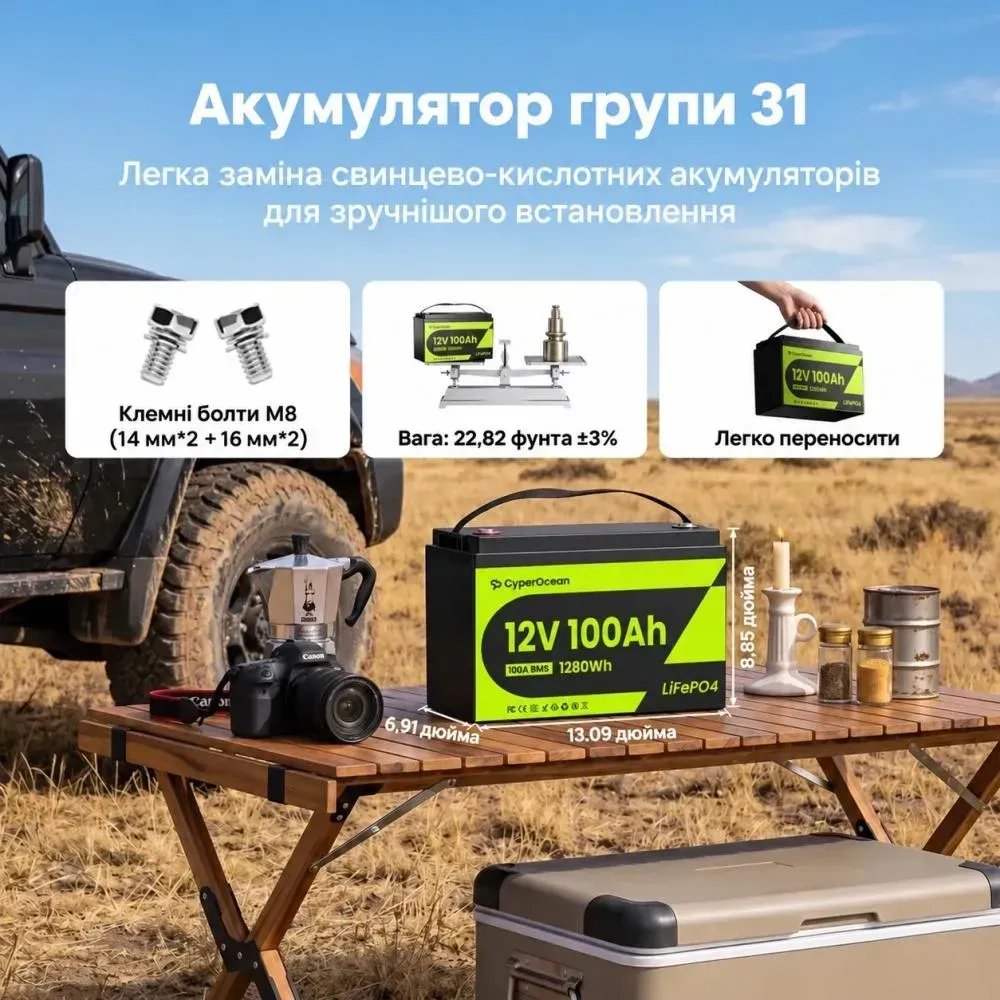 Акумулятор LiFePO4 12V/100Ah CyperOcean з BMS 100 А для систем резервного живлення Акумулятор LiFePO4 12V/100Ah CyperOcean з BMS 100 А для систем резервного живлення - Зображення 7