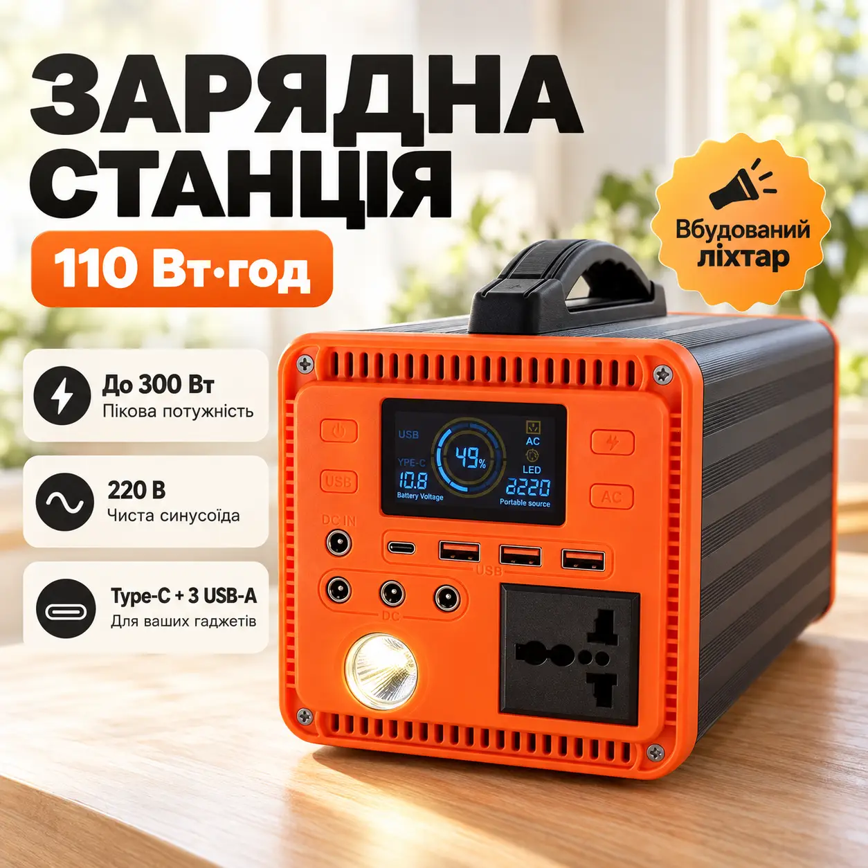 Зарядна станція 110Wh 300W чиста синусоїда Type-C з ліхтарем Зарядна станція 110Wh 300W чиста синусоїда Type-C з ліхтарем